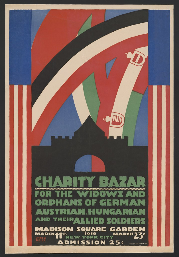 Plakat für einen Wohltätigkeitsbasar zugunsten von Witwen und Waisen deutscher, australischer, ungarischer und alliierter Soldaten mit Veranstaltungdetails im Text.