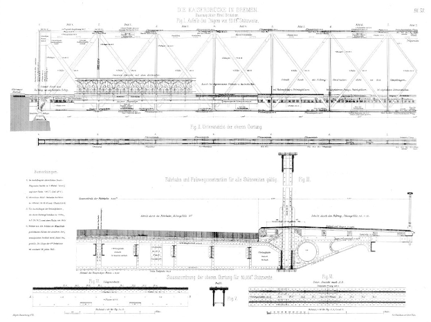 Ein detailliertes Bild einer Brücke, einschließlich der Kaiserbrücke in Bremen, begleitet von Text auf demselben Papier.