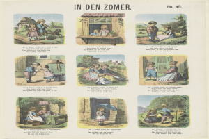 Ein Blatt mit Kindern, die in einem üppigen Garten spielen und bunte Kleidung tragen, mit fröhlichem Text.