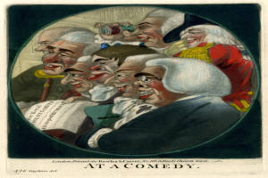 Gruppe von Menschen, die in einem Kreis bei einem Comedy-Event lachen, einer hält ein Blatt Papier in der Hand, mit dem Text 'Bei einer Comedy' unten.