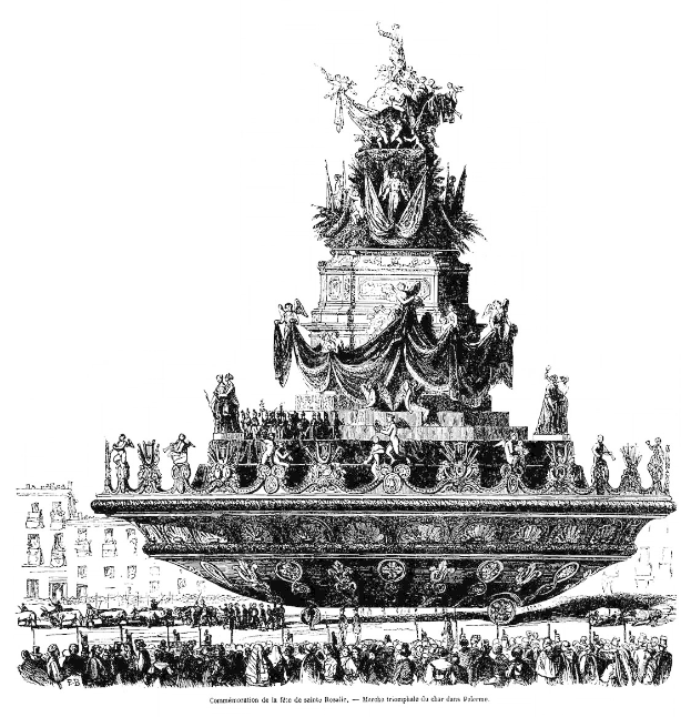 Schwarz-weiß-Zeichnung eines Brunnens mit Skulpturen inmitten eines Stadtplatzes mit Menschen drumherum, umgeben von Gebäuden, mit Text unten: "Commemoration de la fête de la salle rosaille, marché triomphe du char dans palais".