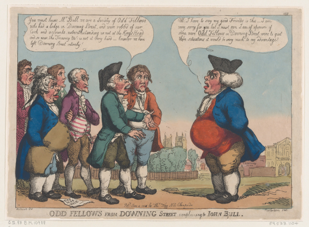 Cartoon depicting a group of people in front of a building, trees, and sky, with text at the bottom reading "odd fellows from downing street complaining to John Bull".