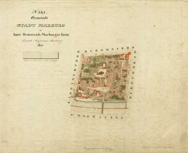 Detailreiches altes Stadtplan von Marburg mit Straßen, Gebäuden, Sehenswürdigkeiten und Text mit zusätzlichen Stadtinformationen.