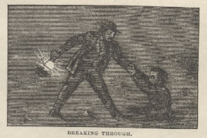 Ein Mann in Anzug und Hut hält mit besorgter Miene die Hand eines Kindes, beide mit ängstlichen Blicken, mit den Worten "Durchbruch" unten.