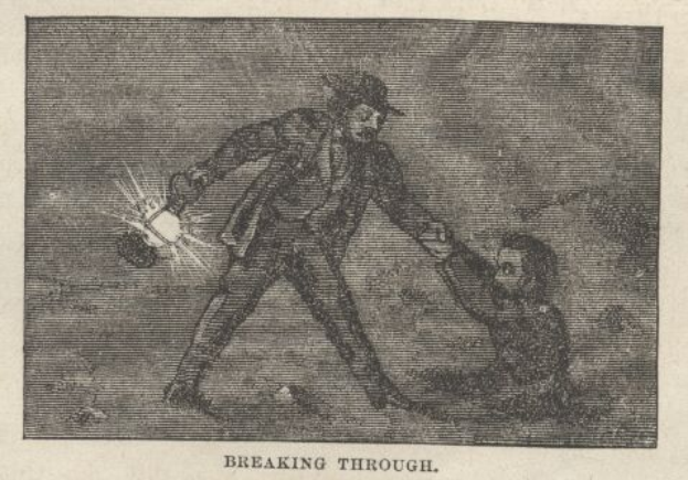 Ein Mann in Anzug und Hut hält mit besorgter Miene die Hand eines Kindes, beide mit ängstlichen Blicken, mit den Worten "Durchbruch" unten.