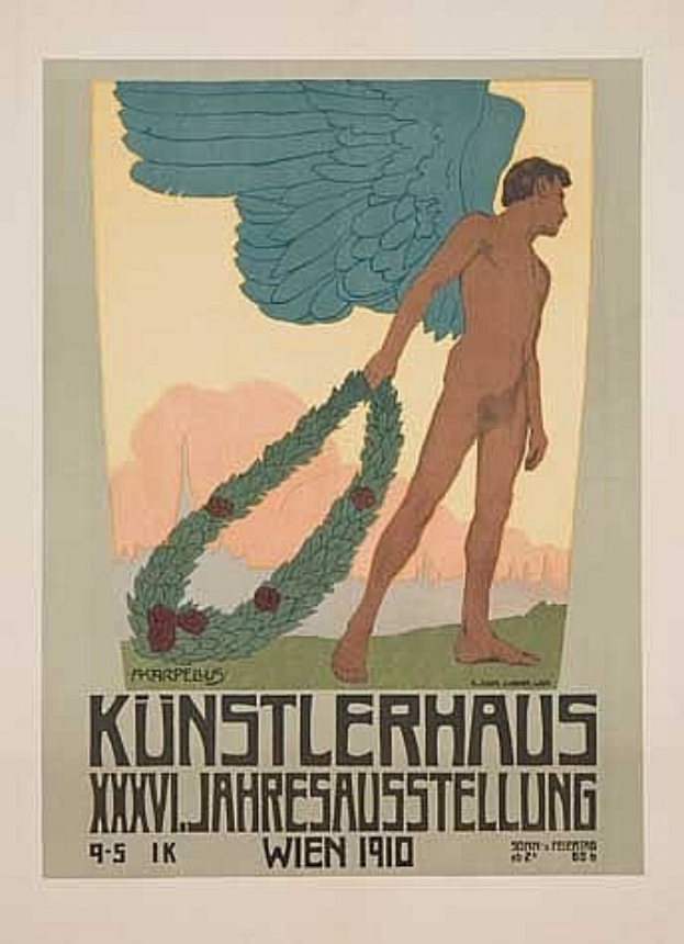 Deutsches Propagandaplakat aus dem Jahr 1910 mit einem geflügelten Mann in heroischer Pose mit einem Kranz, betitelt "Künstlerhaus Wien 1910" in fetter Schrift, unter Verwendung von leuchtenden Blauen, Grünen und Gelben.