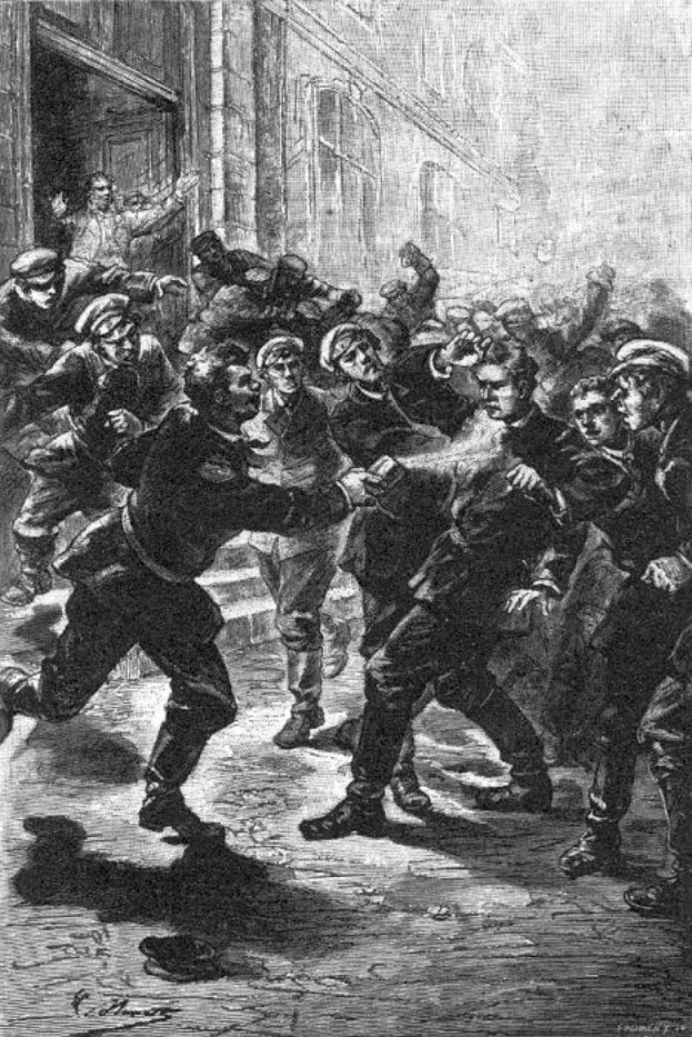 Schwarz-weiß-Illustration einer Straßenprügelei unter einer Gruppe von Männern während der Viktorianischen Ära in London, mit einem Gebäude im Hintergrund und Text, der unten 'Viktorianische Unruhen in London, England' lautet.