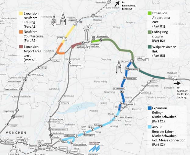 Eine detaillierte Karte einer Stadt mit einer hervorgehobenen Zugroute von München nach Frankfurt, einschließlich Haltestellen und Umgebung, mit zusätzlichen Informationen zum Zug.