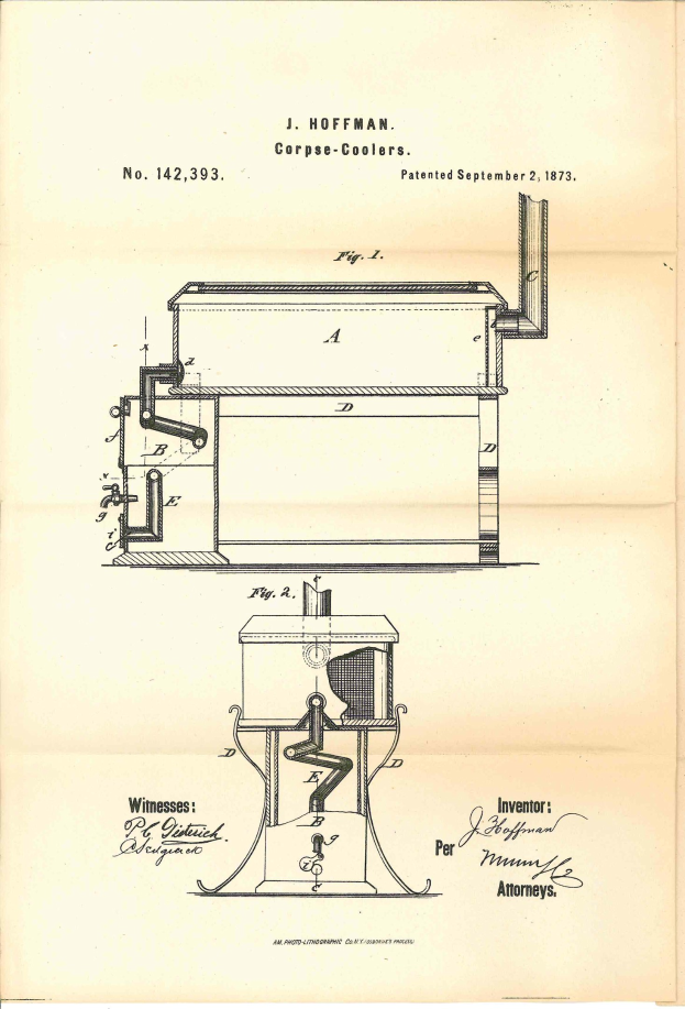A detailed drawing of a machine labeled "Hoffman Corp-Coolers Patent No 142,393" with components like a handle, spout, and control panel, on paper with decorative text border.
