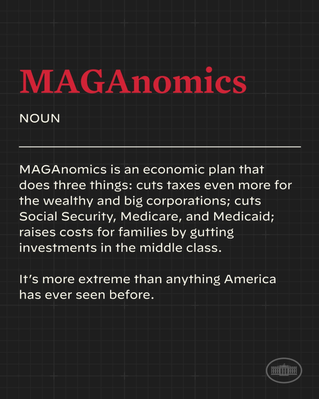 Plakat mit fetter schwarzer Schrift auf einem weißen Hintergrund, eingerahmt von einem schmalen schwarzen Rand, das besagt "Maganomics: Ein Wirtschaftsplan, der drei Dinge tut: Senkt Steuern sogar noch mehr für die Reichen und große Unternehmen."
