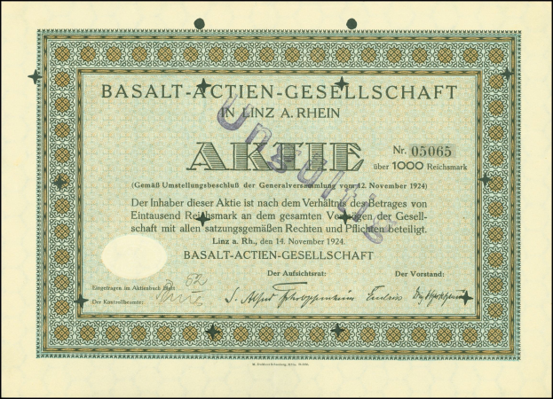 Rahmendes altes Aktienzertifikat ausgestellt von Basalt-Actien-Gesellschaft in Linz, Deutschland mit sichtbarem Text.