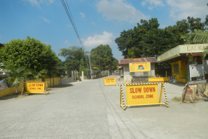 Eine Stra├če mit einem gelben "Slow Down School Zone"-Schild, geparkte Fahrzeuge auf der rechten Seite und im Hintergrund B├Ąume, Geb├Ąude, Masten, Dr├Ąhte und Himmel.