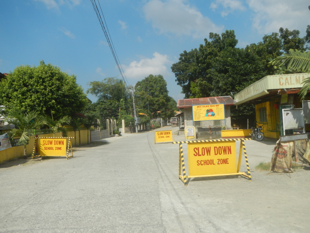 Eine Stra├če mit einem gelben "Slow Down School Zone"-Schild, geparkte Fahrzeuge auf der rechten Seite und im Hintergrund B├Ąume, Geb├Ąude, Masten, Dr├Ąhte und Himmel.