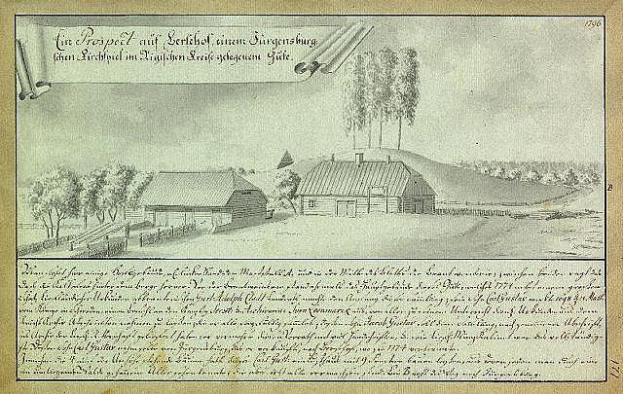 Ein altes Dokument mit einer Zeichnung eines Bauernhofs in einem Feld, umgeben von Häusern, Bäumen und einem Himmel, mit der Beschriftung "Surgensburg, Deutschland - Landschaft eines Bauernhofs."
