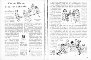 Offenes Buch mit Illustrationen von Kindern, die in einer Kita spielen, Text und einer Tabelle mit verschiedenen Gegenständen.