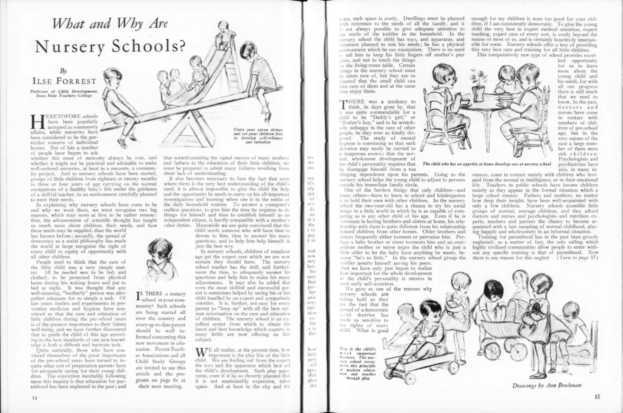 Offenes Buch mit Illustrationen von Kindern, die in einer Kita spielen, Text und einer Tabelle mit verschiedenen Gegenständen.