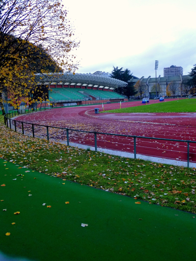 Laufbahn in einem Park mit abgefallenen Blättern, umgeben von einem Zaun, Gras, Bäumen, Tribünen, Laternenmasten, Gebäuden und einem bewölkten Himmel.
