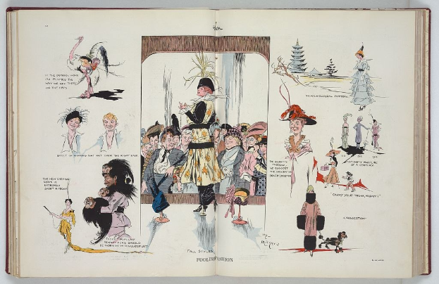 Offenes Buch mit einer Zeichnung einer vielfältigen Gruppe von Menschen, das auf einer flachen Oberfläche liegt und Bilder und Text zum Thema Mode enthält.