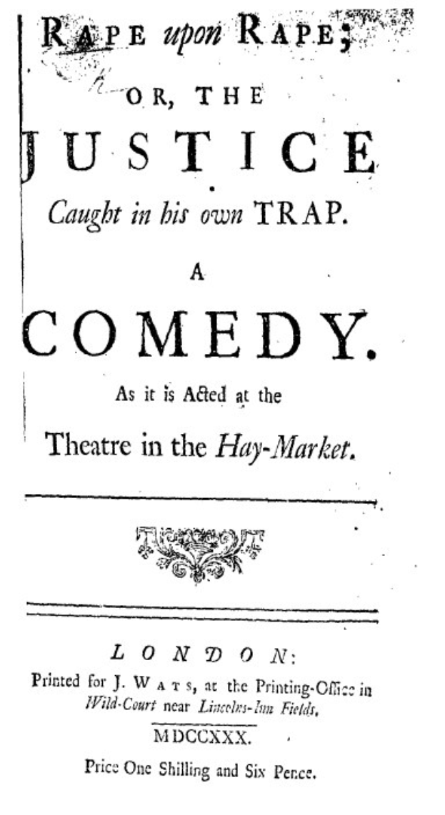 Schwarzes und weißes Plakat mit fetter schwarzer Schrift, die "Vergewaltigung über Vergewaltigung oder die Gerechtigkeit, die in ihrer eigenen Falle gefangen ist" ankündigt.