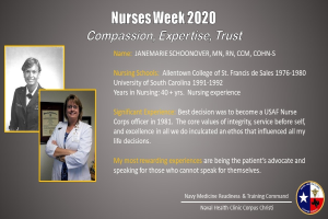 Ein Plakat mit zwei Fotos von Krankenschwestern links und Text rechts, der "Nurses Week 2020: Mitgefühl, Expertise, Vertrauen" lautet, mit einem Logo unten rechts.