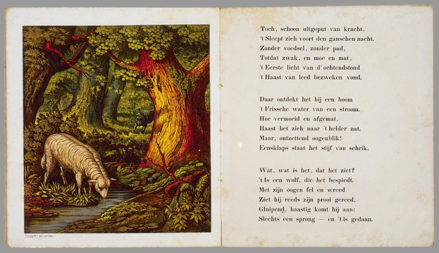 Offenes Buch mit einem Schaf, das in einem bewaldeten Gebiet grast, umgeben von Bäumen, Pflanzen und Wasser, mit sichtbarem Text auf der rechten Seite, der 'Die Geschichte des Schafs' lautet.