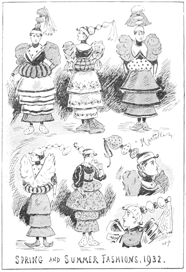 Schwarze und Weiße Illustration von Modeplatten für Frauen aus dem Jahr 1932, die detaillierte Skizzen von Kältern mit begleitendem Text zeigen.