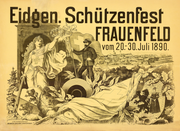 Plakat für das Eidgen Schützenfest in Frauenfeld, Deutschland, das einen förmlich gekleideten Mann und eine Frau zeigt, die nebeneinander stehen, mit Ereignisdetails im Text.