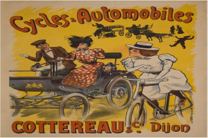 Plakat, das Fahrräder und Automobile in Cottereau und Dijon, Frankreich, bewirbt und Menschen auf Fahrrädern und eine Kutsche zeigt mit "Fahrräder und Automobile" oben drauf.