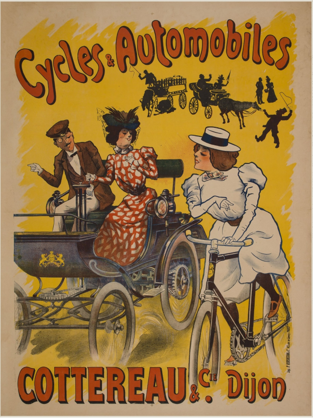 Plakat, das Fahrräder und Automobile in Cottereau und Dijon, Frankreich, bewirbt und Menschen auf Fahrrädern und eine Kutsche zeigt mit "Fahrräder und Automobile" oben drauf.