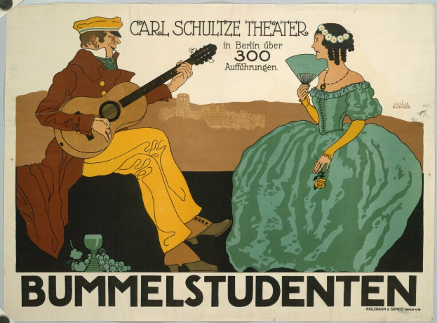 Ein Konzertplakat für das Carl-Schulze-Theater in Berlin, Deutschland, das einen Mann mit einer Gitarre und eine Frau mit einem Fächer zeigt, mit Text auf dem Plakat.