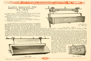Anzeige für den verbesserten Seitengutförderer von Louden, der eine große rechteckige Maschine mit einem oberen Griff, einer Seitendeckel und einem unteren Förderband zeigt, begleitet von Text, der seine Spezifikationen beschreibt.