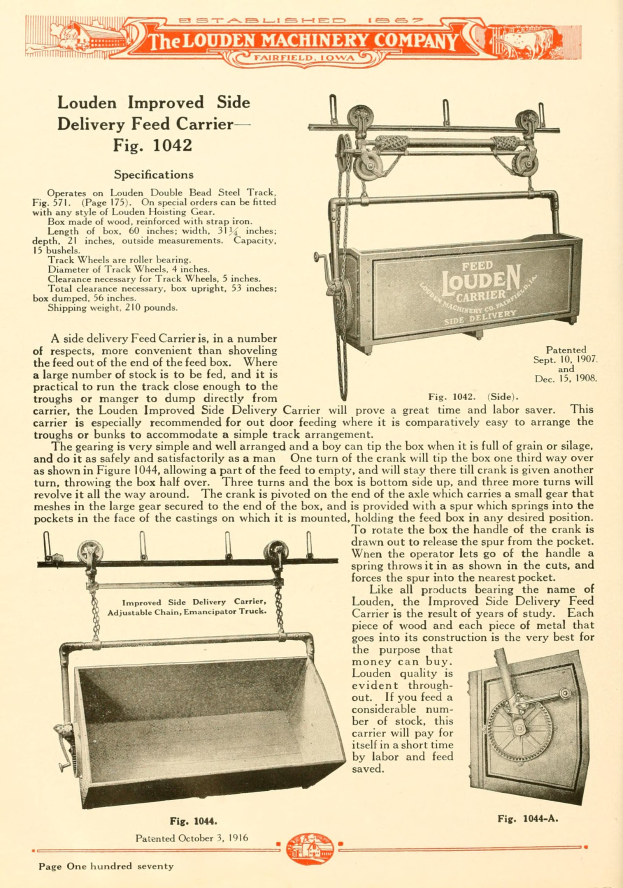 Anzeige für den verbesserten Seitengutförderer von Louden, der eine große rechteckige Maschine mit einem oberen Griff, einer Seitendeckel und einem unteren Förderband zeigt, begleitet von Text, der seine Spezifikationen beschreibt.