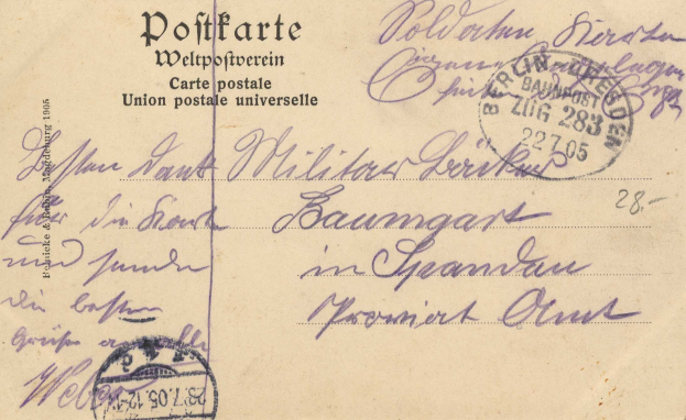 Alte Postkarte mit einem deutschen Stempel, versendet von Deutschland nach Deutschland, mit der Aufschrift "Baumgart in Deutschland."