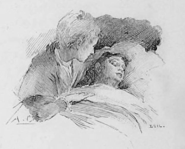 Schwarze und weiße Zeichnung eines Mannes in einem Anzug und einer Frau mit geschlossenen Augen auf einem Bett, der Arm des Mannes liegt um ihre Schulter.