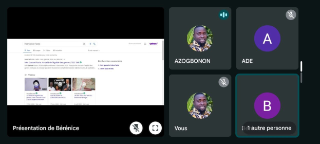 Screenshot einer Yahoo Finance-Webseite mit der Überschrift "Präsentation de Bérénice", das eine Gruppe von Menschen auf der linken Seite zeigt, Profilbilder und Text mit Icons auf der rechten Seite und einem Yahoo Finance-Logo im Footer.