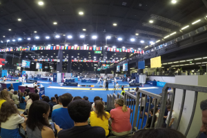 Eine große Menschenmenge sitzt und steht in einer Indoor-Venue, mit einer Bühne im Hintergrund, Bildschirmen, Fahnen und Lichtern, wahrscheinlich bei der Europameisterschaft 2018.