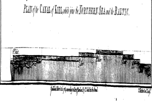 Eine detaillierte Schwarz-Weiß-Karte der Nordsee und der Ostsee, die geographische Merkmale wie Berge, Flüsse und Städte zeigt, mit begleitendem Text, der zusätzliche Informationen bietet.
