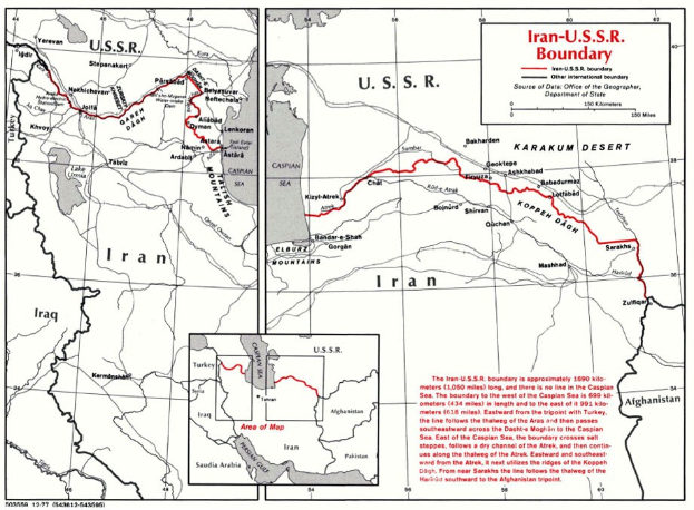 Detailierte Plakatkarte der iranisch-sowjetischen Grenze, die Länder, Grenzen, geografische Merkmale und zusätzliche Textinformationen zeigt.