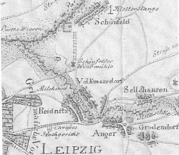 Detailierte alte Karte von Leipzig, Deutschland, zeigt Straßen, Gebäude und Sehenswürdigkeiten mit begleitendem Text über Bevölkerung, Straßen und bekannte Stellen.