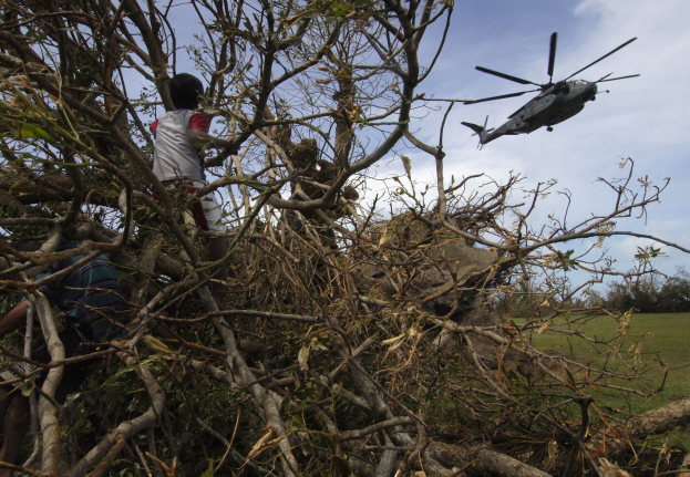 Ein Hubschrauber mit einem umgestürzten Baum darauf, mit zwei Personen daneben, auf grasigem Gelände mit Bäumen und Wolken im Hintergrund.
