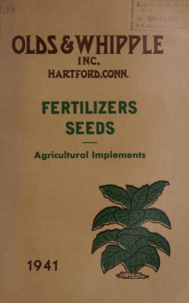 Altes Buchcover aus dem Jahr 1941 mit dem Titel "Düngemittel Samen Landwirtschaftliche Geräte" mit einer Illustration einer grünen Pflanze mit Blättern und Stielen.