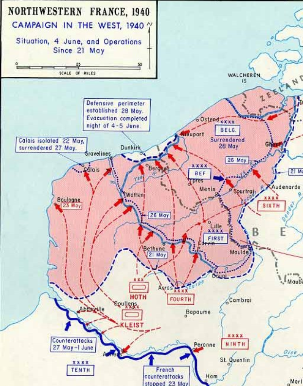 Detailierte Landkartenposter von Nordfrankreich während des Westfeldzugs 1940, annotiert mit Text und numerischen Daten.