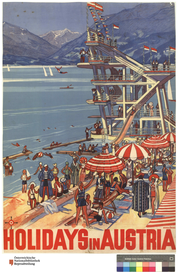 Plakat, das Ürlaub in Österreich anpreist, mit Menschen am Strand mit Schirmen, einem Schiff im Hintergrund, Fahnen und Bergen in der Ferne.