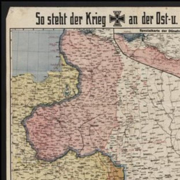Ein gerahmtes Deutschland-Karte mit dem Text "So Steht der Krieg an der Ost-U" darüber.