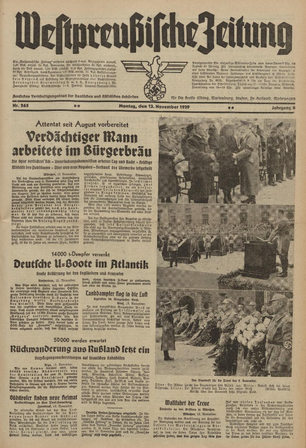 Schwarze-weiße Titelseite einer deutschen Zeitung vom 13. November 1939 mit der Überschrift 'Weitpreubliche Zeitung', die eine Gruppe von Menschen in traditioneller deutscher Kleidung in einer feierlichen Atmosphäre zeigt.