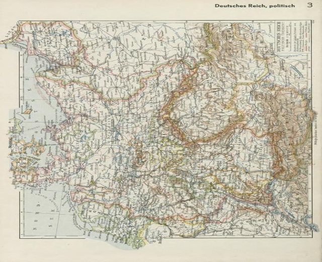 Eine Karte von Deutschland aus dem 19. Jahrhundert, die die politischen Grenzen des Landes zeigt, auf altem Papier mit Text oben und unten gedruckt.