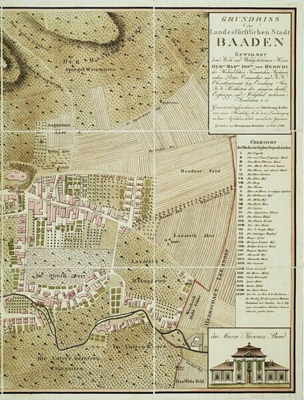 Detailreiches altes Stadtplan von Baden-Württemberg, Deutschland, mit Straßen, Gebäuden und Sehenswürdigkeiten, das ein Gebäude in der rechten unteren Ecke zeigt.