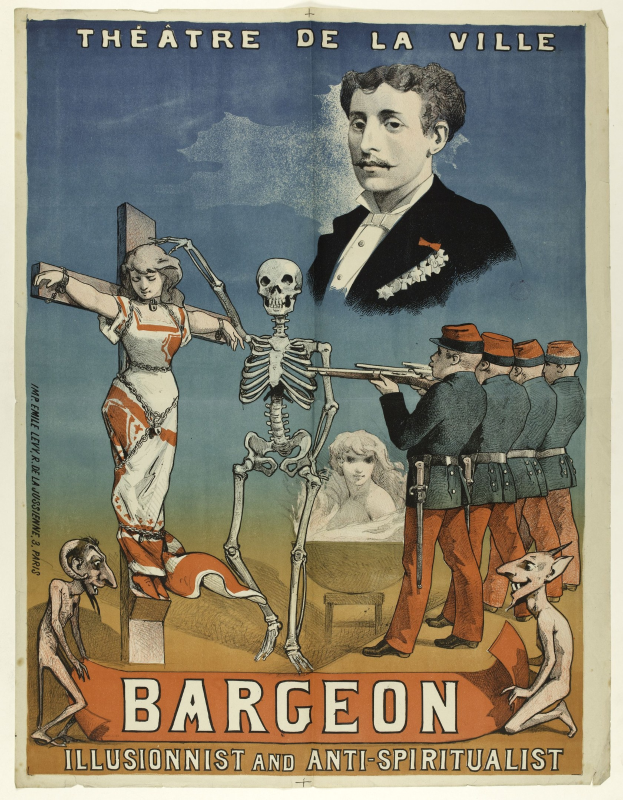 Plakat für das Théâtre de la Ville in Paris mit einem Skelett mit ausgestreckten Armen umgeben von aufgeregten Menschen und dem Text "Bargeon Illusionist und Anti-Spiritualist".