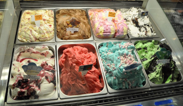 Tabletts mit verschiedenen Eiscreme-Sorten, jeweils mit beschrifteter Namensschilder.