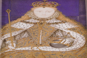 Gemälde der Queen Elizabeth I. von England in königlicher Kleidung, mit Krone, einen Stock haltend, mit Haaren in einem Dutt, die in die Ferne schaut mit einem würdevollen Ausdruck.